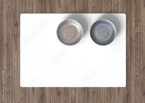 Pet bowl mat on the floor at home. Transparent PNG. Cat or dog food pad with copy space for picture or text. Water mat mock up. Pet placemat mockup. Puppy feeding place. 3D Rendering. photo