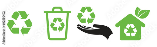 Recycle vector icon set, Ecology green icons for packaging. trash and green house symbol,Hand holding recycle symbol icon 