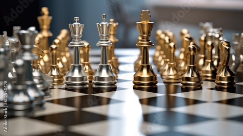 Golden and Silver Chess Figures on Board, 3D Modeled Strategy Brain Game, Traditional Board Game Reimagined, 16:9 Aspect Ratio, Generative AI Illustration