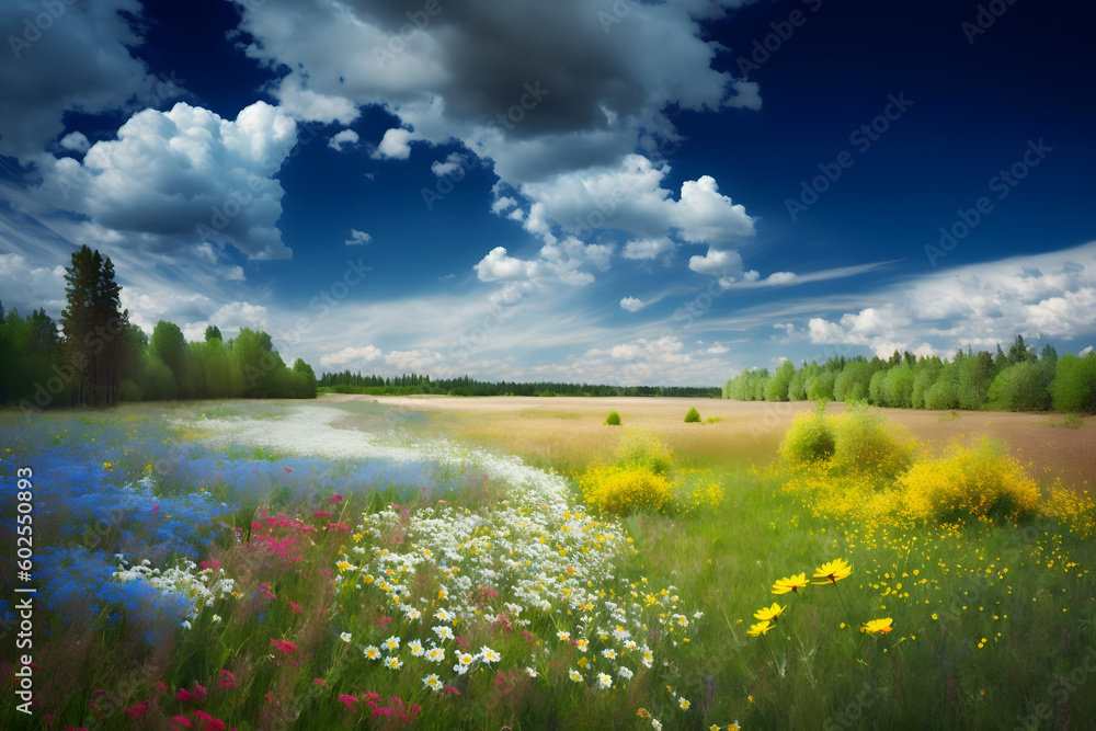 Illustration of a many flower in meadow spring with clear blue cloud sky
