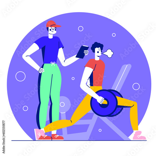 Cartoon trainer supervises lifting of bar by client in gym illustration
