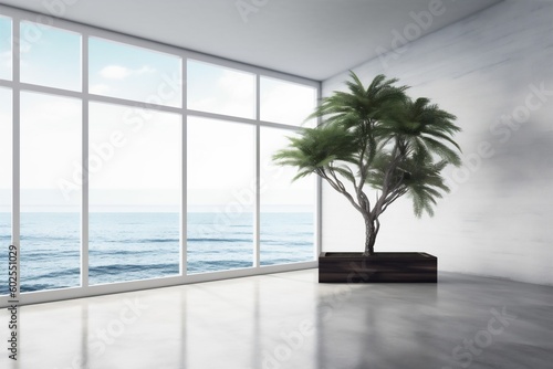 design indoor home interior floor empty house wall window plant art. Generative AI.