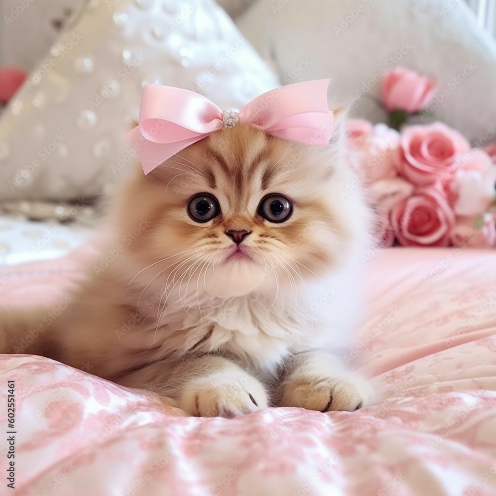 Cute persian kitten with pink bow on the neck resting on the bed. Created with Generative AI technology
