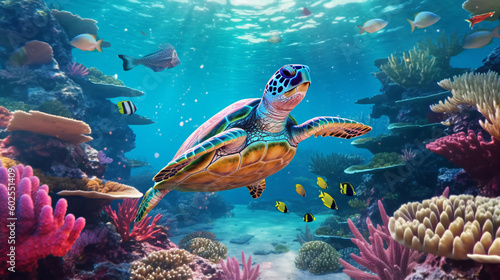 Sea turtle surrounded by a variety of bright and colorful sea creature behind. Generative ai © Sara_P