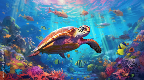 Sea turtle surrounded by a variety of bright and colorful sea creature behind. Generative ai