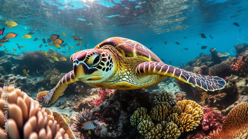 Sea turtle surrounded by a variety of bright and colorful sea creature behind. Generative ai