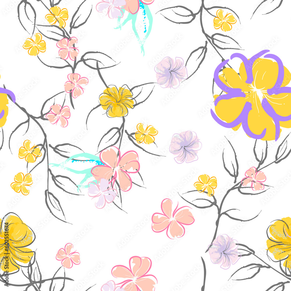 Fototapeta premium Pink Flowers Blooming Pattern. Pastel Watercolor.