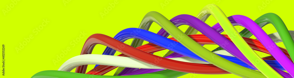 Abstract image. Elements of different colors form a spiral. Multicolored spiral. Horizontal image. 3D image. 3D rendering. Banner for insertion into site.