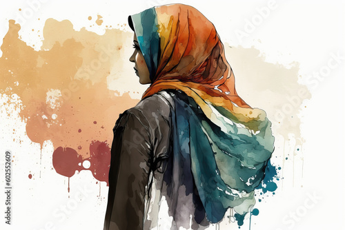 backside of young woman with headscarf, aquarelle style, ai generated