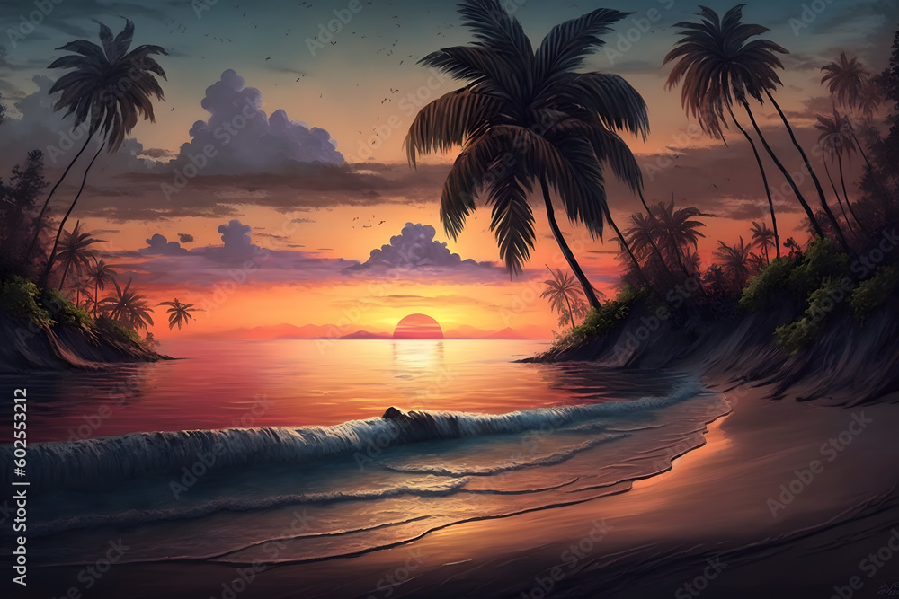 Tranquil Beach With Beautiful Sunset Background
