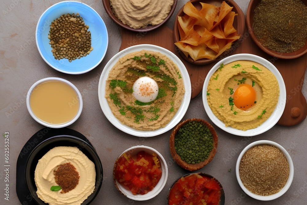 Arabic traditional breakfast with hummus, foul, mutabbal, qudsia and zaatar - generative ai Arabic traditional breakfast with hummus, foul, mutabbal, qudsia and zaatar - generative ai