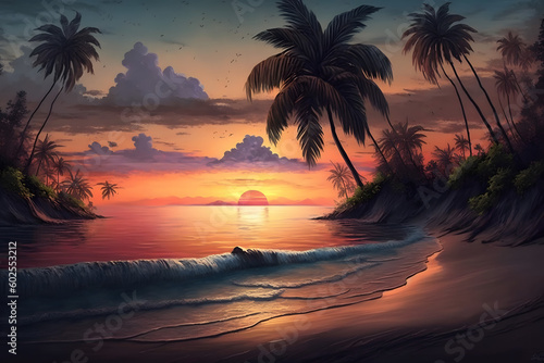 Tranquil Beach With Beautiful Sunset Background