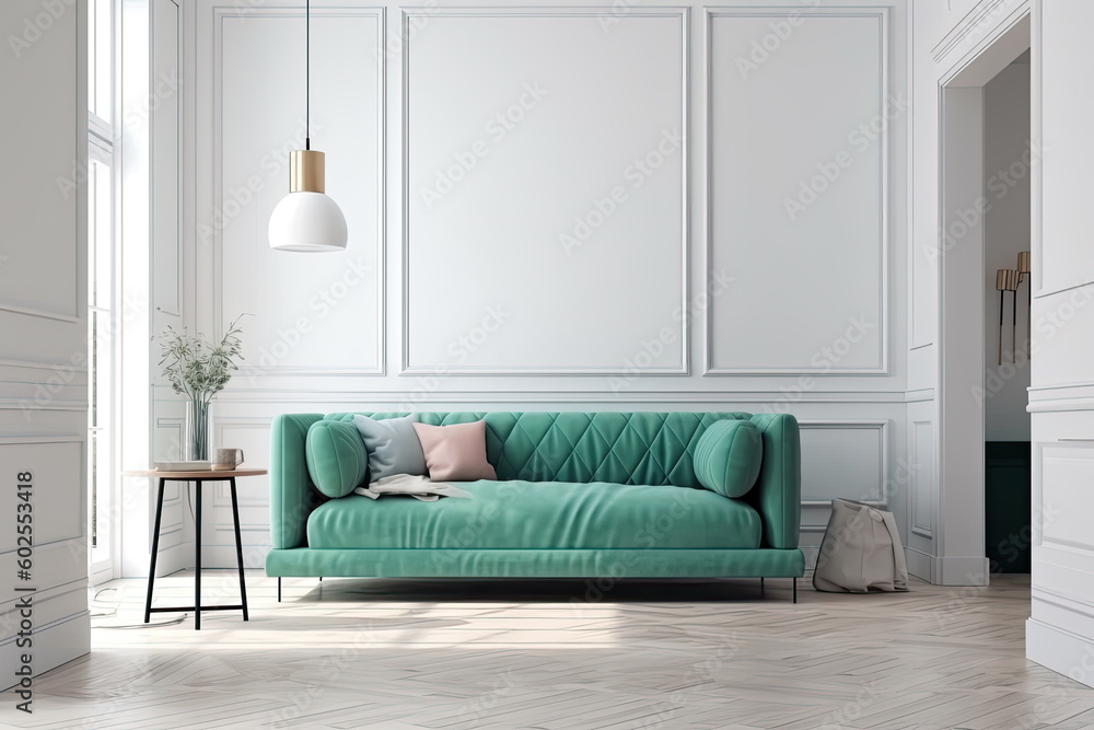 Frontal view of mint sofa with a pots with plants, table and lamp against gray wall with boiserie and big window at hallway, created with Generative AI Frontal view of mint sofa with a pots with plants, table and lamp against gray wall with boiserie and big window at hallway, created with Generative AI