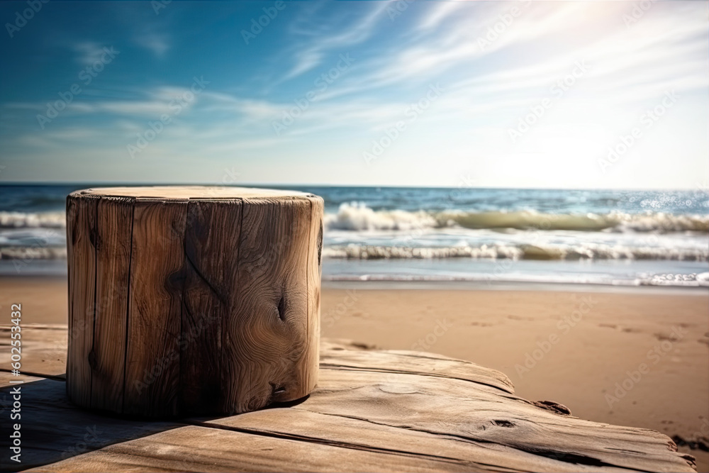 Wooden bar for product presentation on a sandy beach in summer on vacation, created with Generative AI Wooden bar for product presentation on a sandy beach in summer on vacation, created with Generative AI