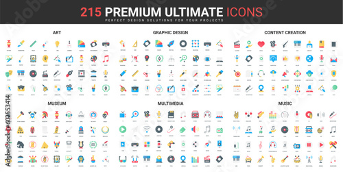Art content, multimedia creation color flat icons set vector illustration. Abstract symbols of museum exhibition, music and graphic ideas, artwork projects simple design for mobile and web apps