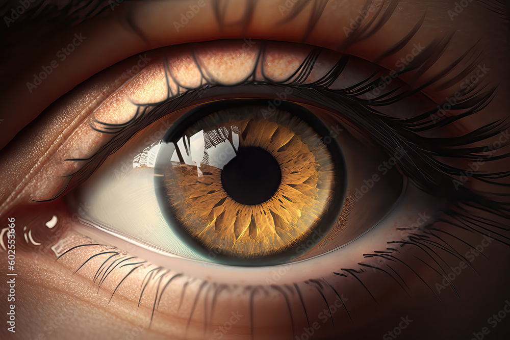 close-up of brown human eye, ai generated