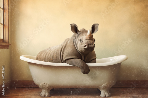 rhino sitting in bathtub, ai generated
