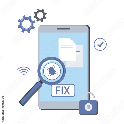 Fixing smartphone Cleaning device from viruses Security and unlocking vector illustration design