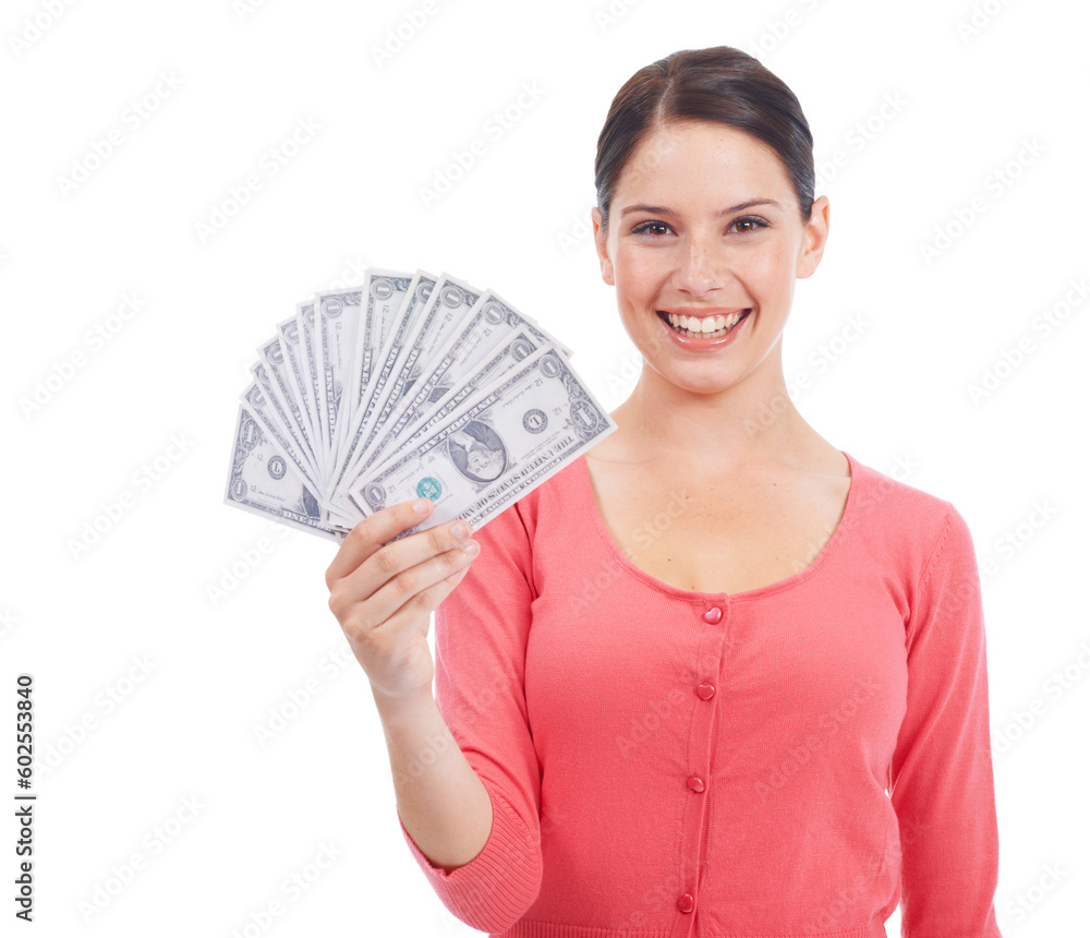 Finance, money and success with portrait of woman in studio mockup for investment, winner and growth. Cash, dollar and wow with customer isolated on white background for financial, deal and promotion Finance, money and success with portrait of woman in studio mockup for investment, winner and growth. Cash, dollar and wow with customer isolated on white background for financial, deal and promotion