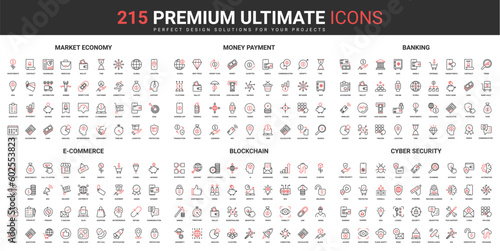 Blockchain, money payment and trade thin line red black icons set vector illustration. Abstract symbols ecommerce order, banking account and wallet, online business simple design for mobile, web apps