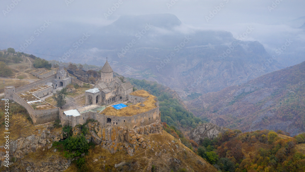 Drone view of Tatev Monastery on cloudy autumn morning. Tatev, Syunik Province, Armenia.