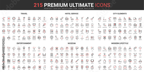 Travel, entertainment and modern lifestyle thin line red black icons set vector illustration. Abstract symbols of hotel hospitality and service, museum exhibition simple design for mobile and web apps