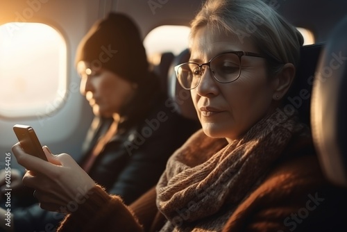 Senior woman checking her mobile phone while flying in an airplane. Generative AI