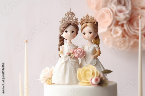 Cute Wedding cake topper with two brides. Gay marriage concept. Generative AI illustration