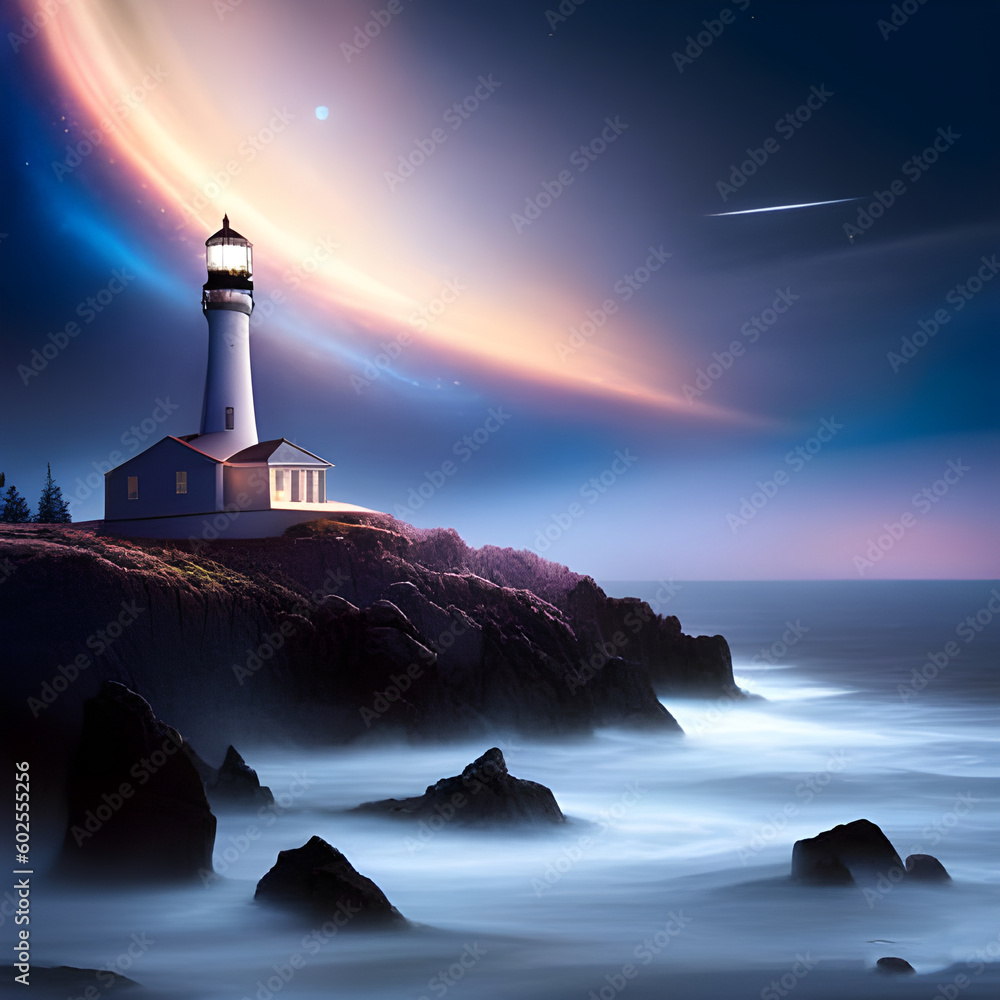 Desolate lighthouse on the cliff over sea illuminated at night. Dramatic AI generated landscape. Digital illustration. CG Artwork Background
