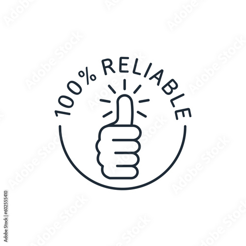 Reliable black outline badge. 100 percent quality, guaranteed. Vector linear icon isolated on white background.