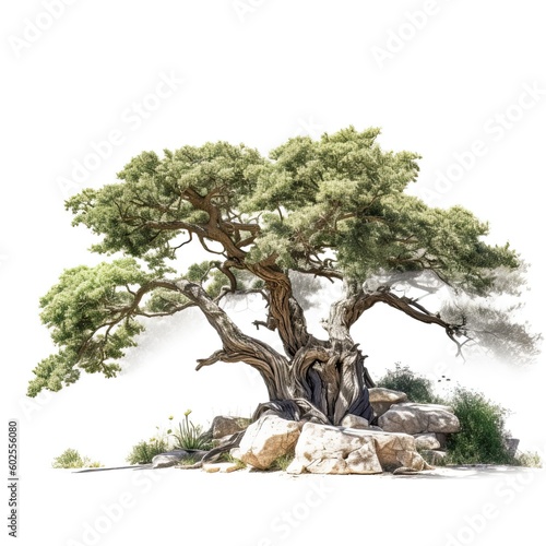 Detailed botanical illustration of a tree on a white background. Generative AI