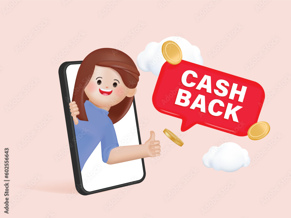 3d render of Cash Back concept, customer people getting cash rewards and gift from online shopping.3d render cartoon vector design. 3d render of Cash Back concept, customer people getting cash rewards and gift from online shopping.3d render cartoon vector design.