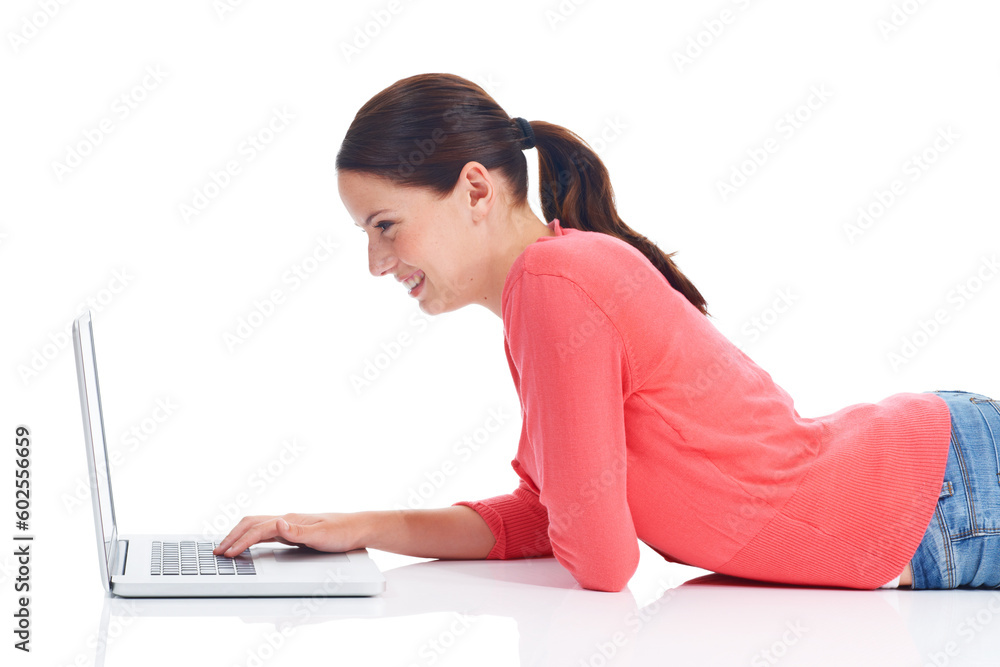 Laptop, studio floor or happy woman reading funny meme, internet comic or typing website search for comedy video. Online shopping promo, e commerce sales or model profile isolated on white background Laptop, studio floor or happy woman reading funny meme, internet comic or typing website search for comedy video. Online shopping promo, e commerce sales or model profile isolated on white background