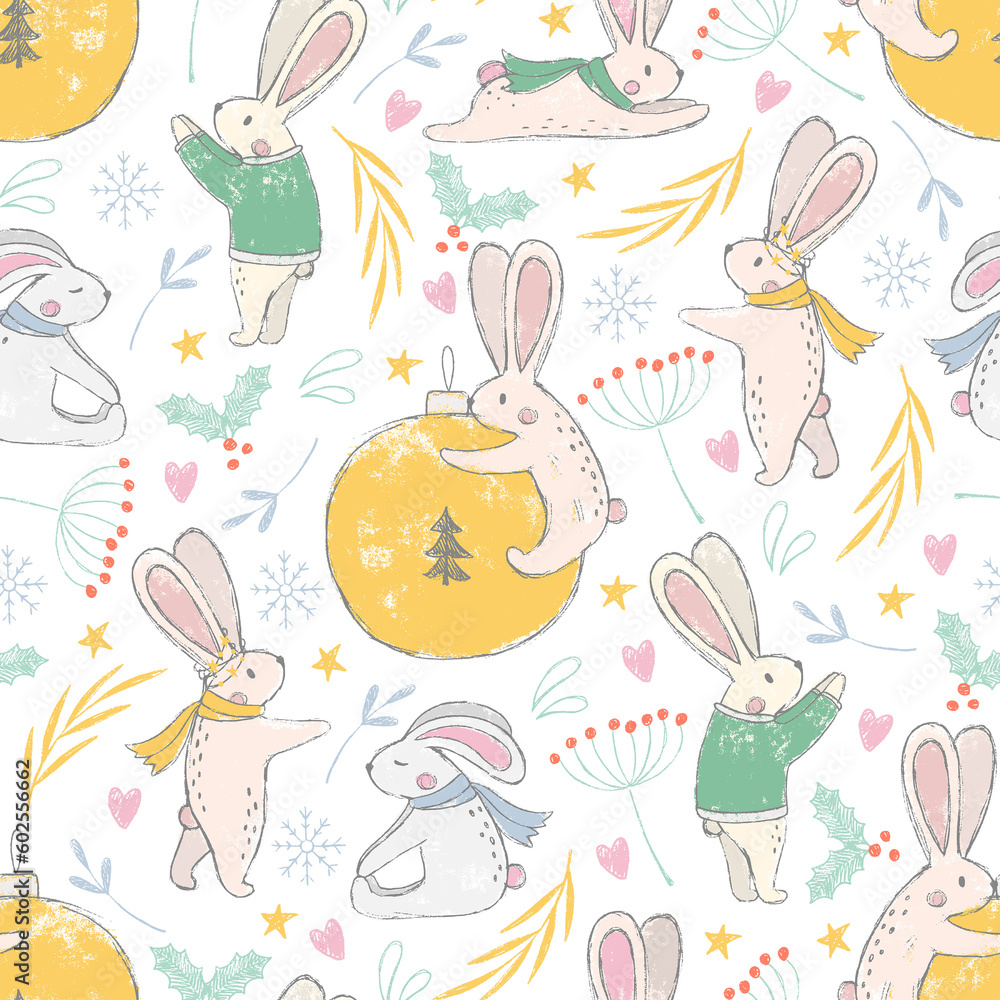 Fototapeta premium cute baby boy girl animals note room print textured hand made illustration seamless pattern whale rabbit bear ice deer