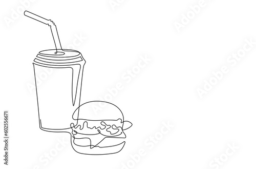 Hamburger and soda, fast food with in continuous one line art drawing style. Set of street food. Single line. Takeaway junk food linear sketch for menu banner poster. Editable stroke illustration