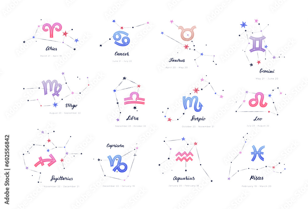 Color sings of zodiac with constellations, dates and hand lettering on white background. Flat vector illustration EPS 10.
