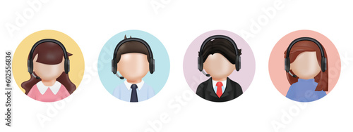 Call center agents avatars collection set. Call center, customer support, telemarketing agents. 3D render style icons set.