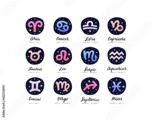 White hand lettering of zodiacal sings with stars and color symbol on deep blue background. Flat vector illustration EPS 10.