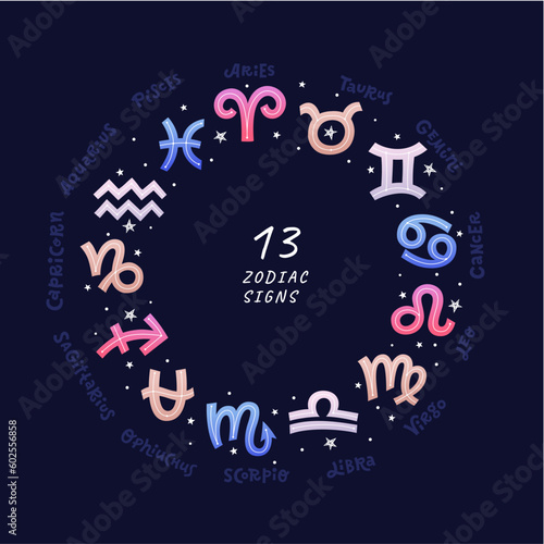 Color 13 sings of zodiac with stars and doodle hand lettering on deep blue background. Flat vector illustration  EPS 10.