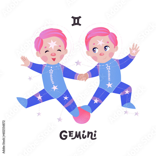 Gemini horoscope character with zodiac sign and handlettering. Cute vector illustration EPS 10.