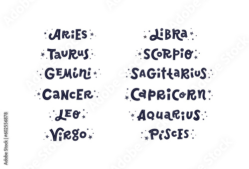 Doodle hand lettering of zodiacal sings with stars on white background. Flat vector illustration EPS 10.