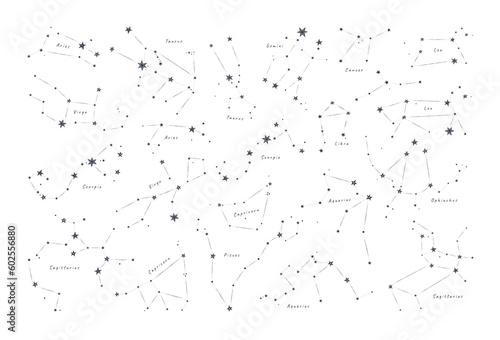 Different versions of zodiacal constellations on white background. Flat vector illustration EPS 10.