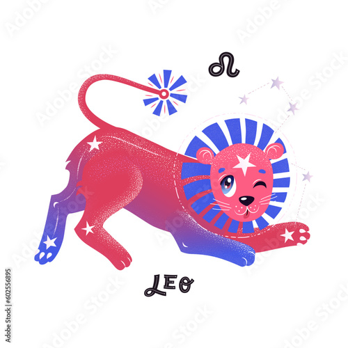 Leo horoscope character with zodiac sign and handlettering. Cute vector illustration EPS 10.