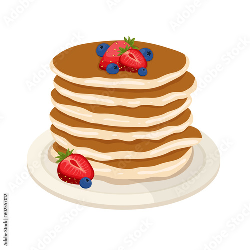 Pancakes with blueberries and strawberry on the plate. Stacks of tasty pancakes with berries. Breakfast vector illustration