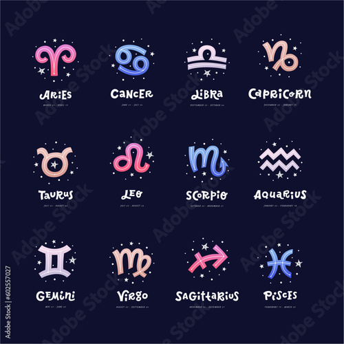 Color sings of zodiac with dates and doodle hand lettering on deep blue background. Flat vector illustration EPS 10.