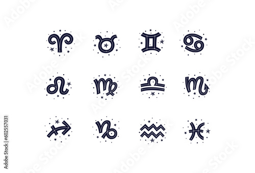 Sings of zodiac with stars on white background. Flat vector illustration EPS 10.