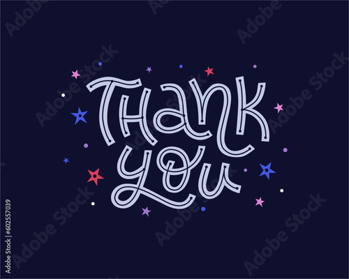 Thank you vector typography illustration for greeting card, banner, poster. Stars graphic design element. Handdrawn doodle lettering illustration. EPS 10.