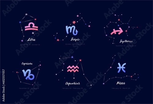 Color zodiacal sings of Libra, Scorpio, Sagittarius, Capricorn, Aquarius and Pisces with constellations, dates and hand 

lettering on deep blue background. Flat vector illustration EPS 10.