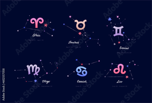 Color zodiacal sings of Aries, Taurus, Gemini, Cancer, Leo and Virgo with constellations, dates and hand 

lettering on deep blue background. Flat vector illustration EPS 10.
