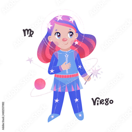 Virgo horoscope character with zodiac sign and handlettering. Cute vector illustration EPS 10.